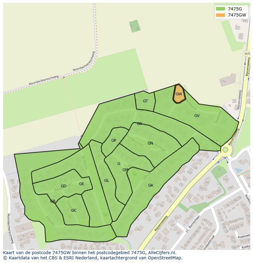 Afbeelding van het postcodegebied 7475 GW op de kaart.