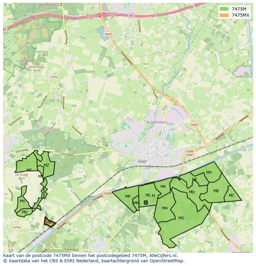 Afbeelding van het postcodegebied 7475 MX op de kaart.