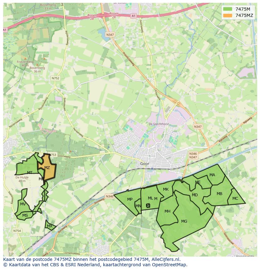 Afbeelding van het postcodegebied 7475 MZ op de kaart.