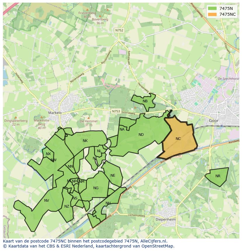 Afbeelding van het postcodegebied 7475 NC op de kaart.