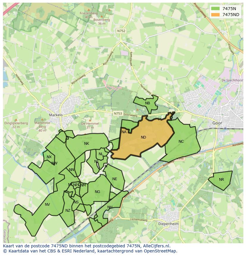 Afbeelding van het postcodegebied 7475 ND op de kaart.