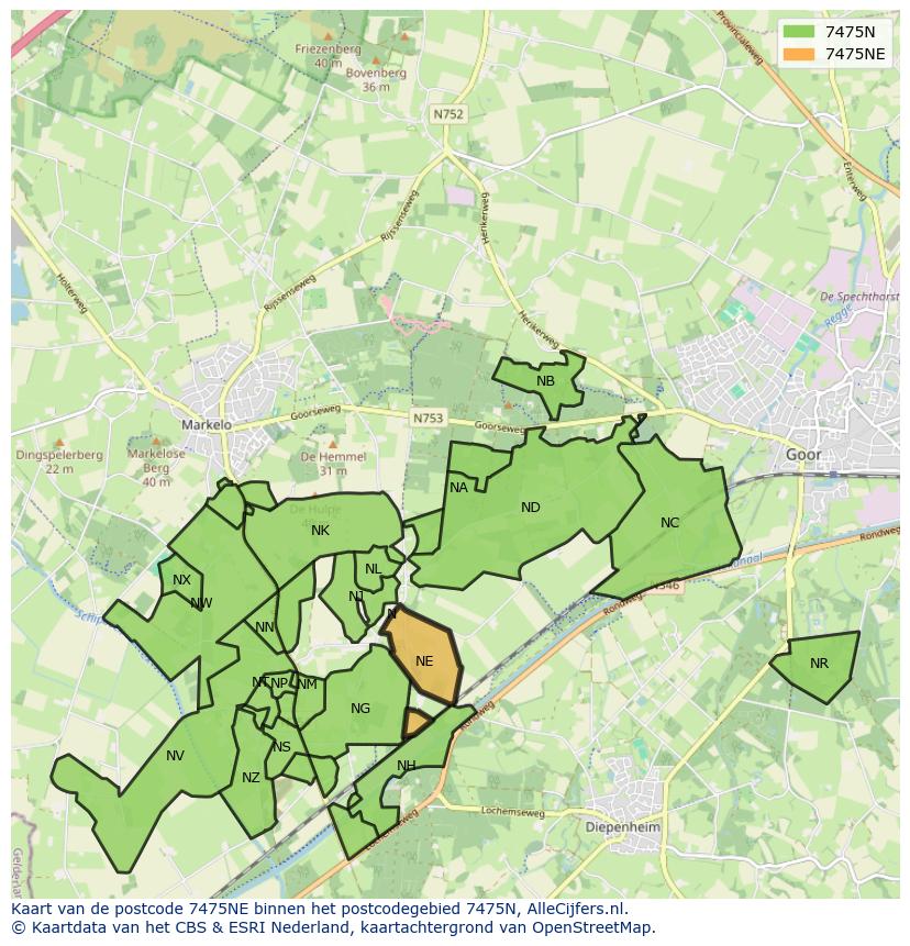 Afbeelding van het postcodegebied 7475 NE op de kaart.