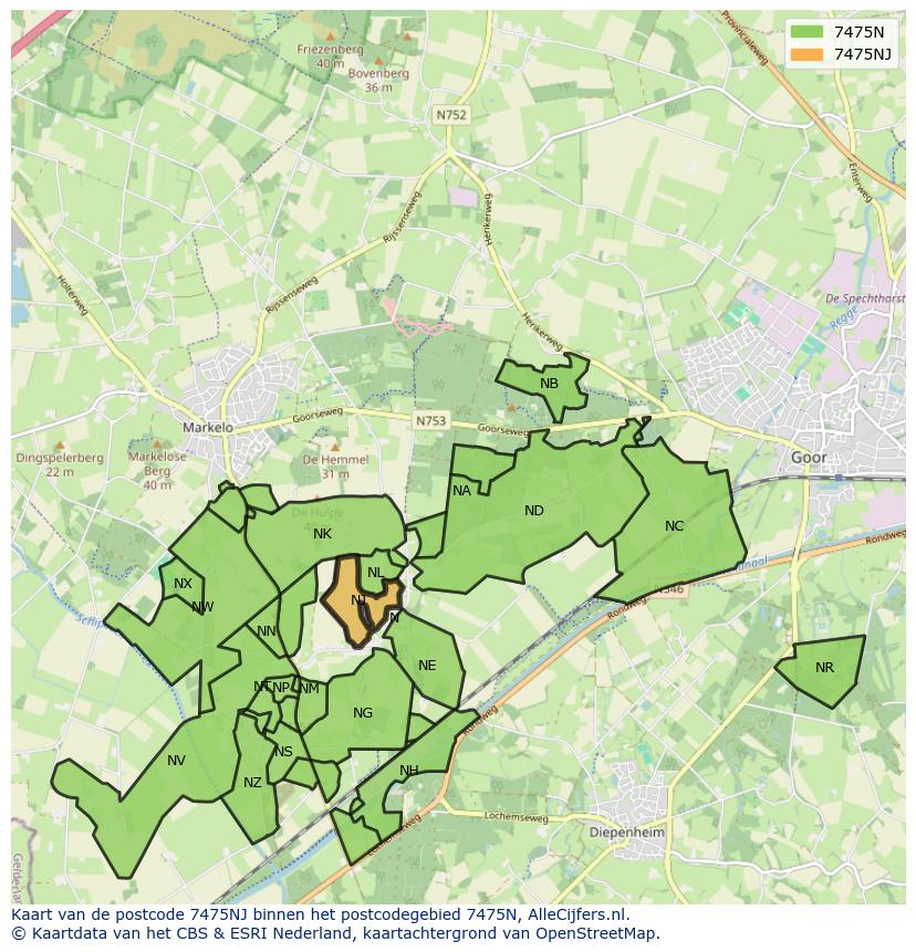 Afbeelding van het postcodegebied 7475 NJ op de kaart.