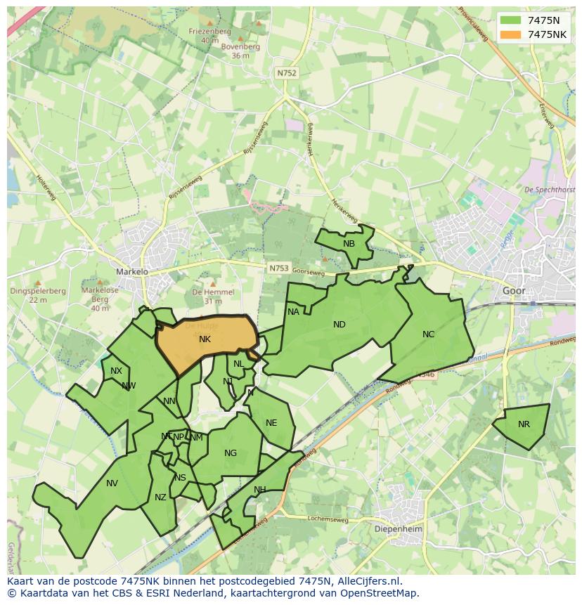 Afbeelding van het postcodegebied 7475 NK op de kaart.