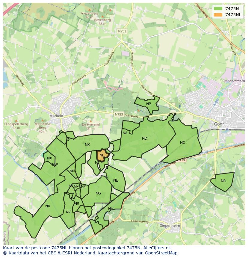 Afbeelding van het postcodegebied 7475 NL op de kaart.