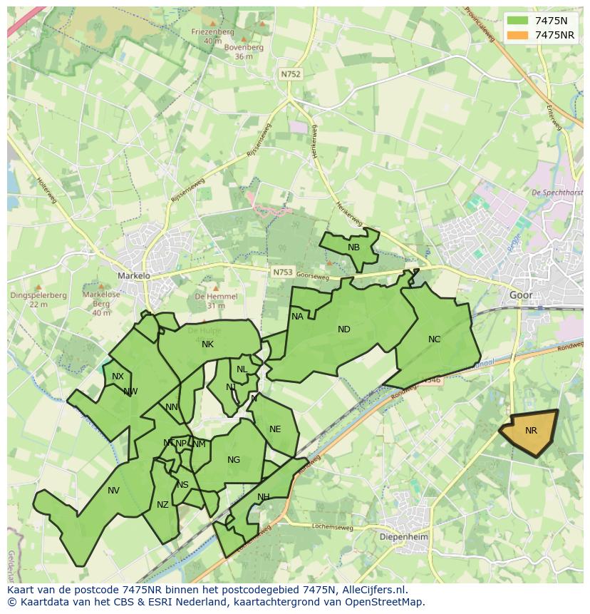 Afbeelding van het postcodegebied 7475 NR op de kaart.