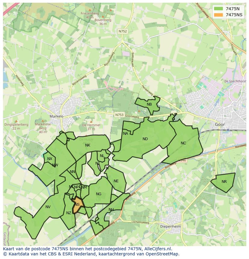 Afbeelding van het postcodegebied 7475 NS op de kaart.