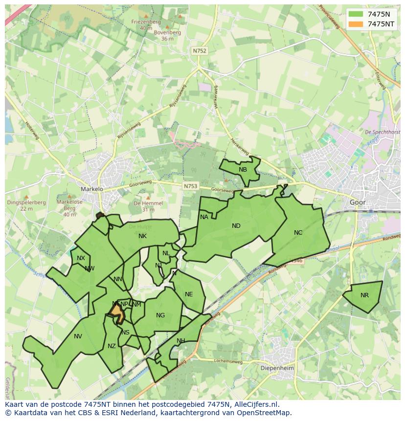 Afbeelding van het postcodegebied 7475 NT op de kaart.