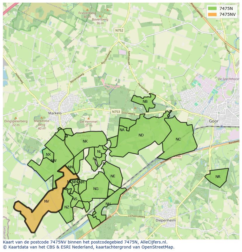 Afbeelding van het postcodegebied 7475 NV op de kaart.