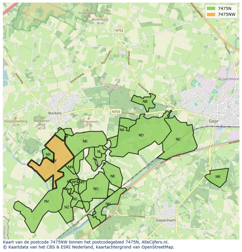 Afbeelding van het postcodegebied 7475 NW op de kaart.