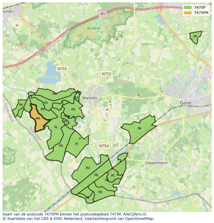 Afbeelding van het postcodegebied 7475 PM op de kaart.