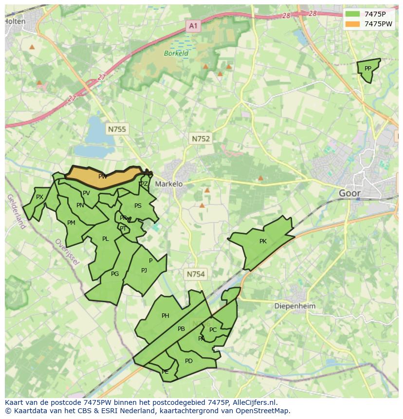 Afbeelding van het postcodegebied 7475 PW op de kaart.