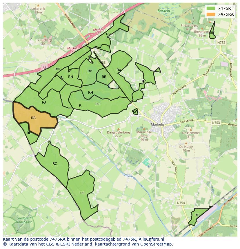 Afbeelding van het postcodegebied 7475 RA op de kaart.
