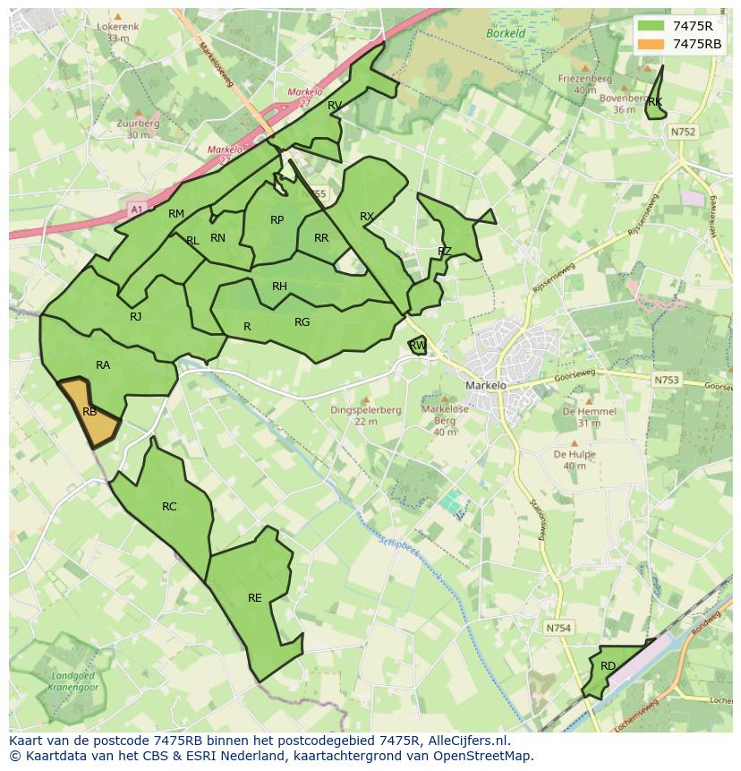 Afbeelding van het postcodegebied 7475 RB op de kaart.