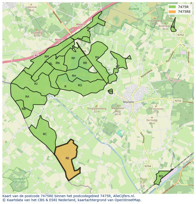 Afbeelding van het postcodegebied 7475 RE op de kaart.