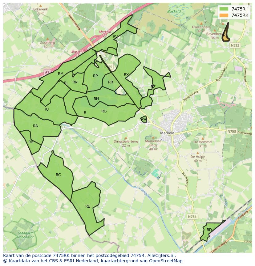 Afbeelding van het postcodegebied 7475 RK op de kaart.