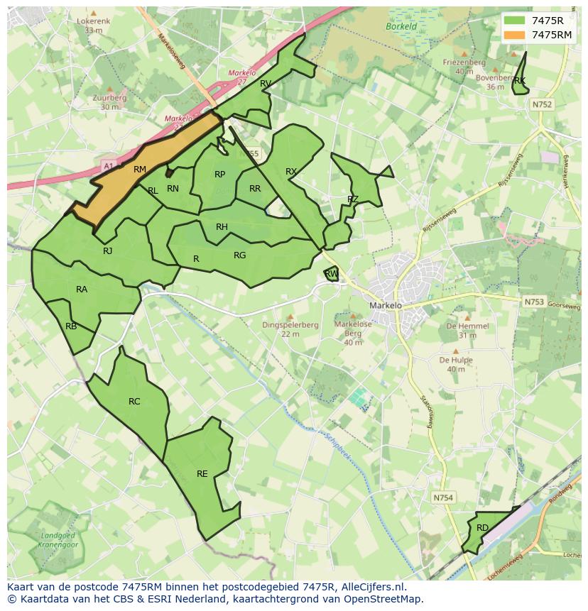 Afbeelding van het postcodegebied 7475 RM op de kaart.