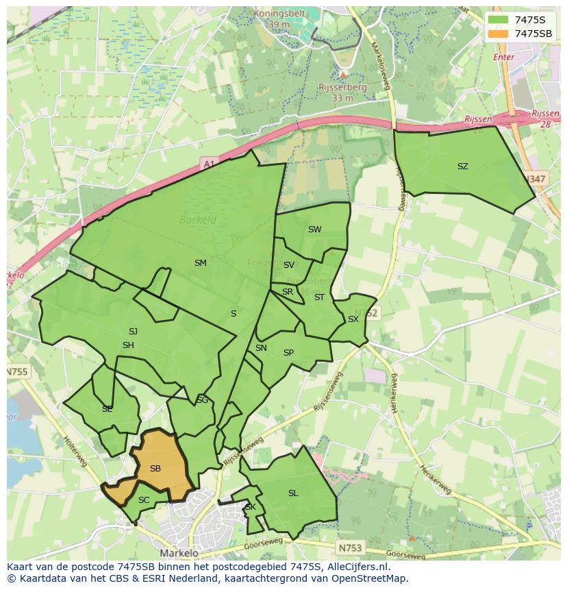 Afbeelding van het postcodegebied 7475 SB op de kaart.