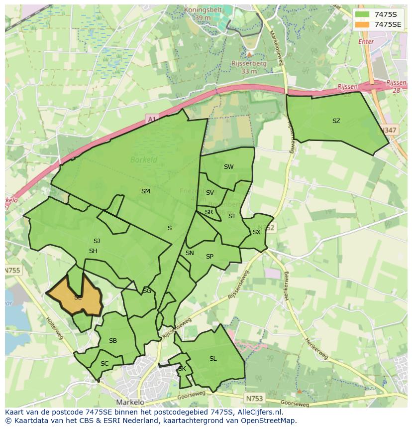 Afbeelding van het postcodegebied 7475 SE op de kaart.