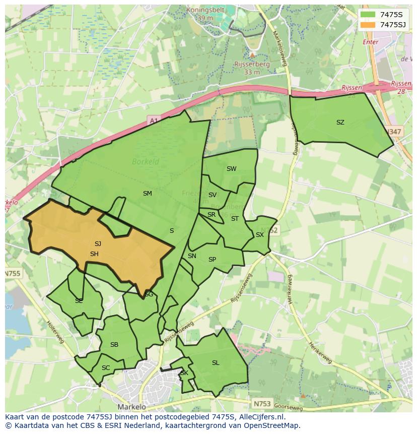 Afbeelding van het postcodegebied 7475 SJ op de kaart.