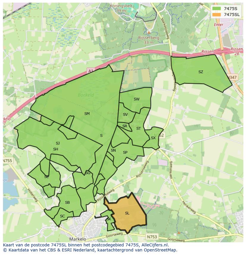 Afbeelding van het postcodegebied 7475 SL op de kaart.