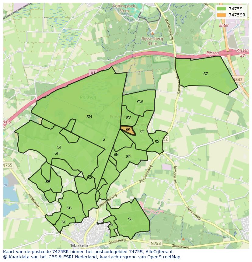 Afbeelding van het postcodegebied 7475 SR op de kaart.