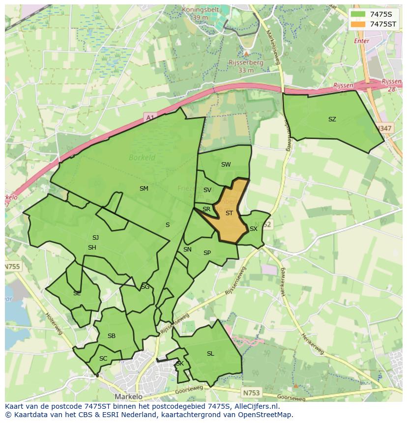 Afbeelding van het postcodegebied 7475 ST op de kaart.