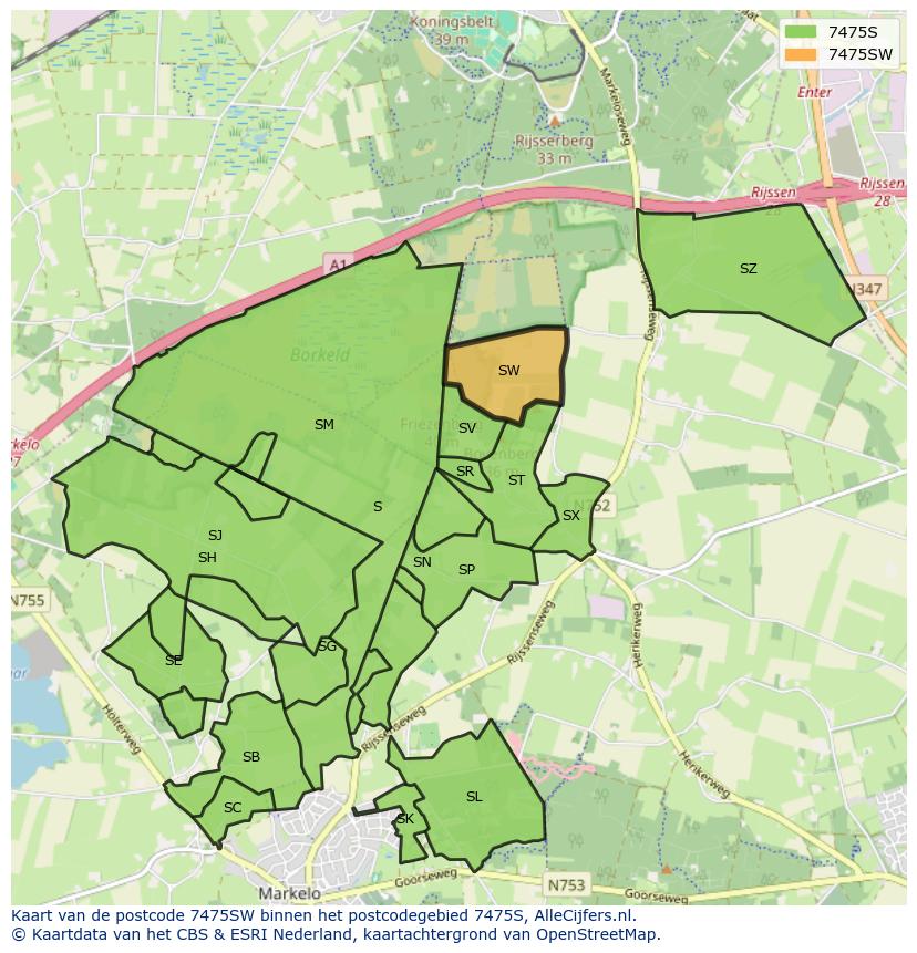 Afbeelding van het postcodegebied 7475 SW op de kaart.