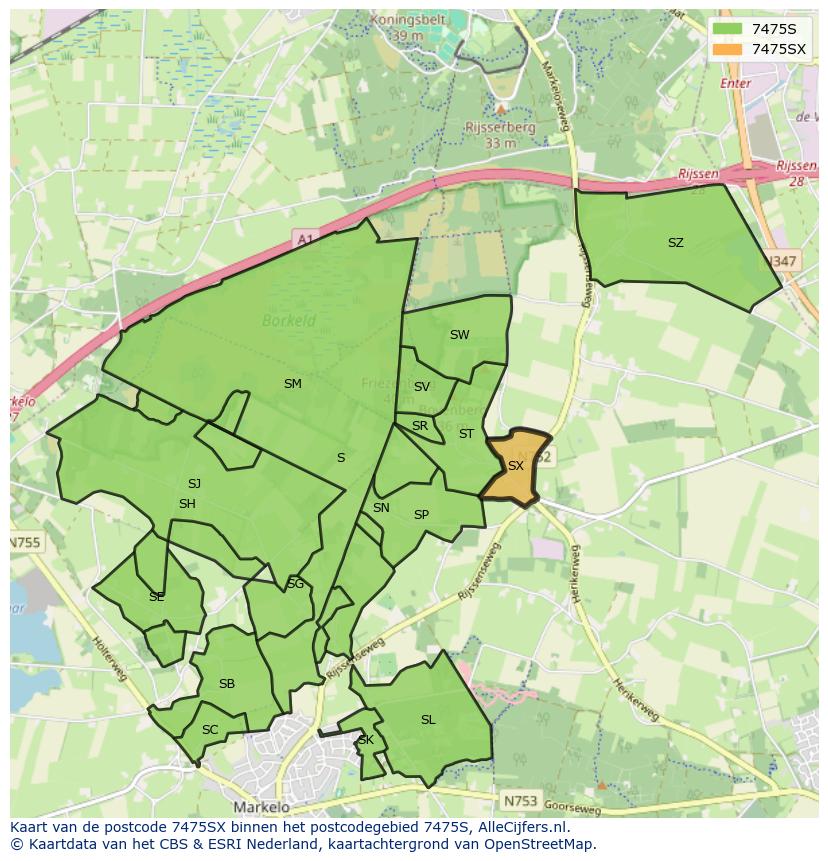 Afbeelding van het postcodegebied 7475 SX op de kaart.
