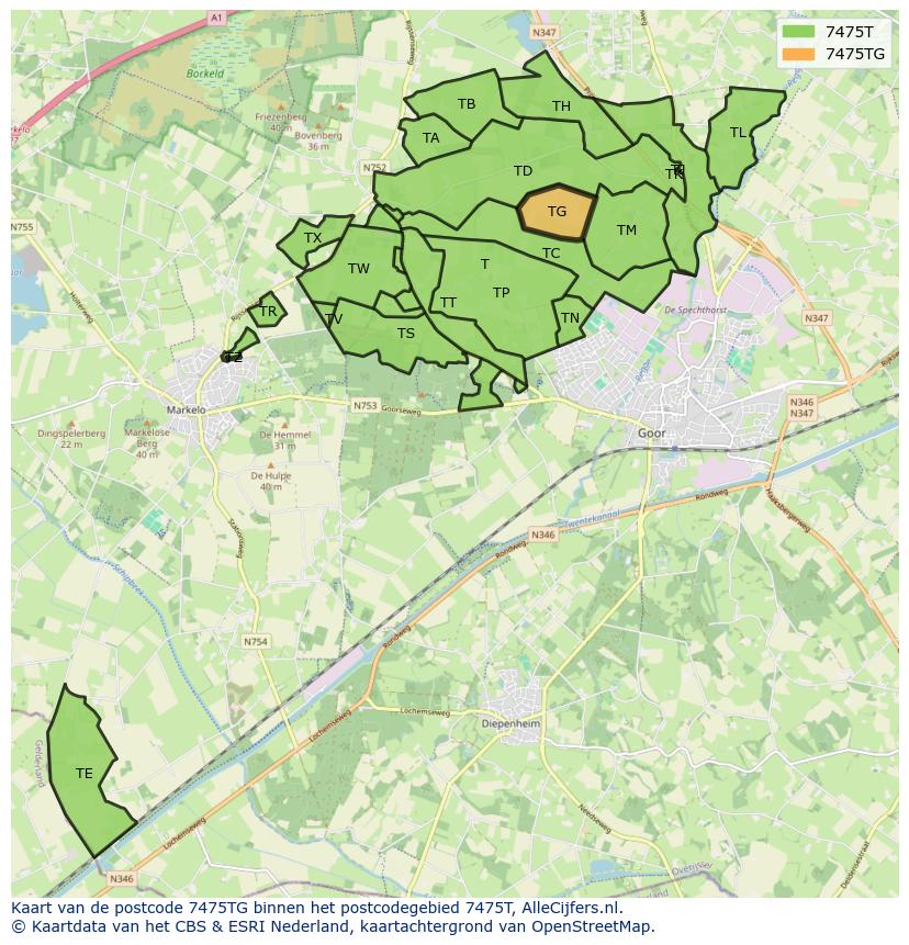 Afbeelding van het postcodegebied 7475 TG op de kaart.