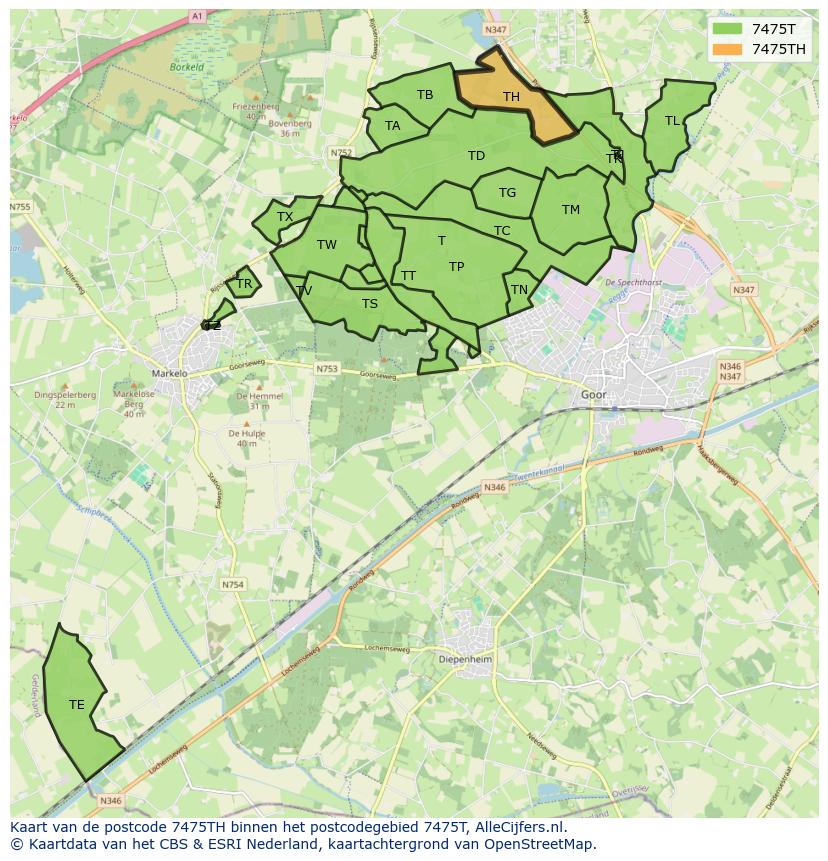Afbeelding van het postcodegebied 7475 TH op de kaart.