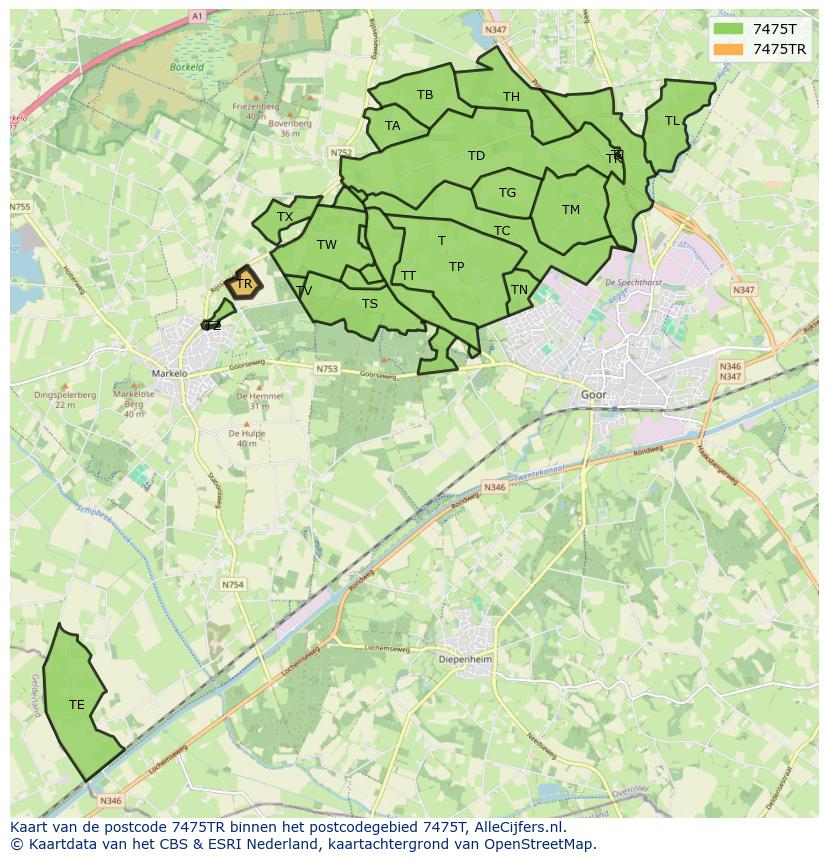 Afbeelding van het postcodegebied 7475 TR op de kaart.