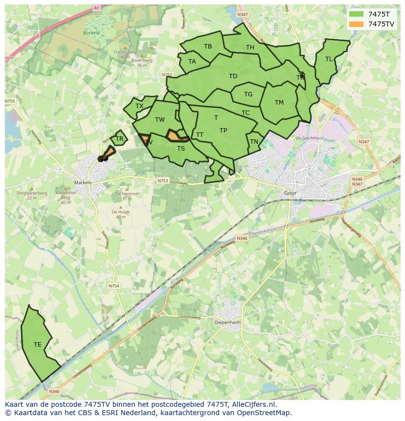 Afbeelding van het postcodegebied 7475 TV op de kaart.