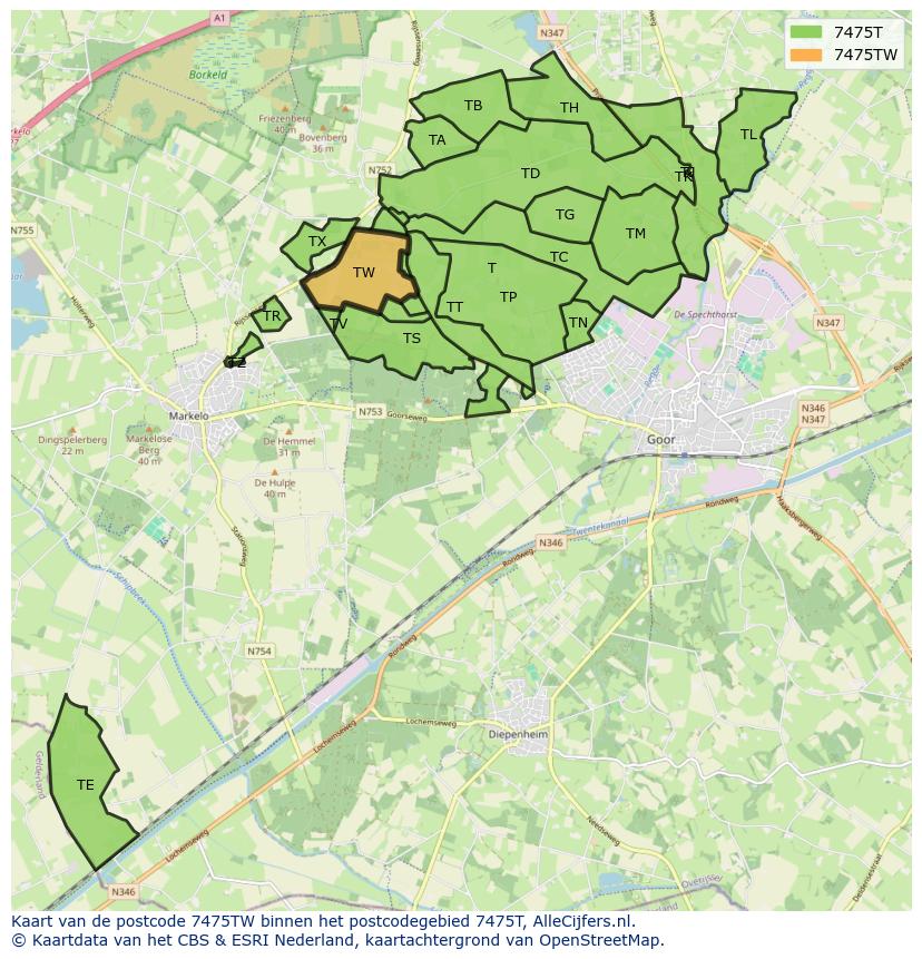 Afbeelding van het postcodegebied 7475 TW op de kaart.