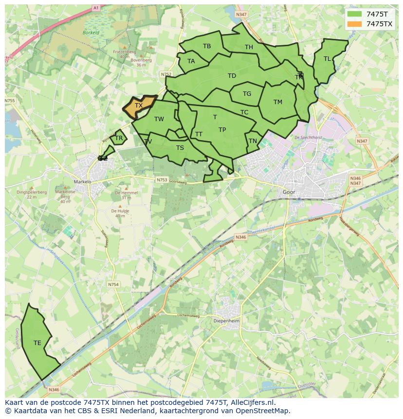 Afbeelding van het postcodegebied 7475 TX op de kaart.