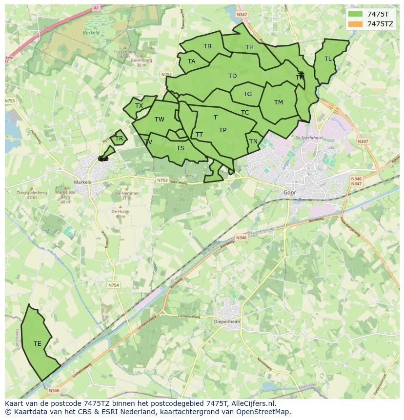 Afbeelding van het postcodegebied 7475 TZ op de kaart.