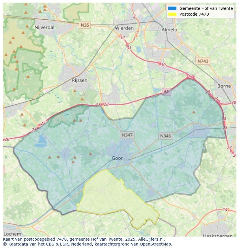 Afbeelding van het postcodegebied 7478 op de kaart.