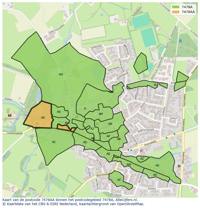 Afbeelding van het postcodegebied 7478 AA op de kaart.