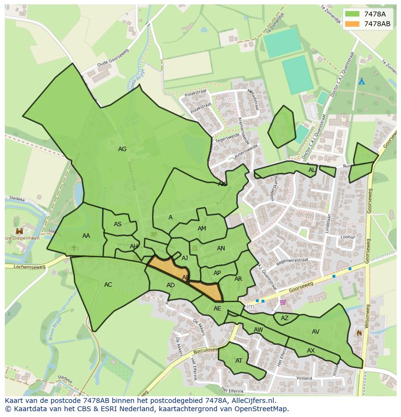 Afbeelding van het postcodegebied 7478 AB op de kaart.