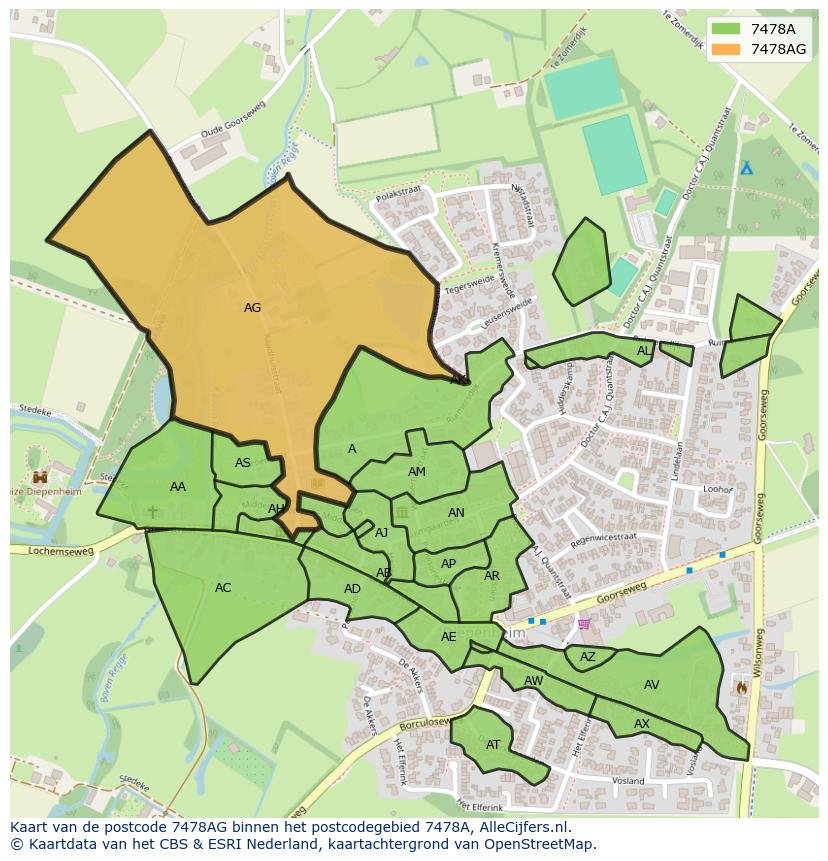 Afbeelding van het postcodegebied 7478 AG op de kaart.