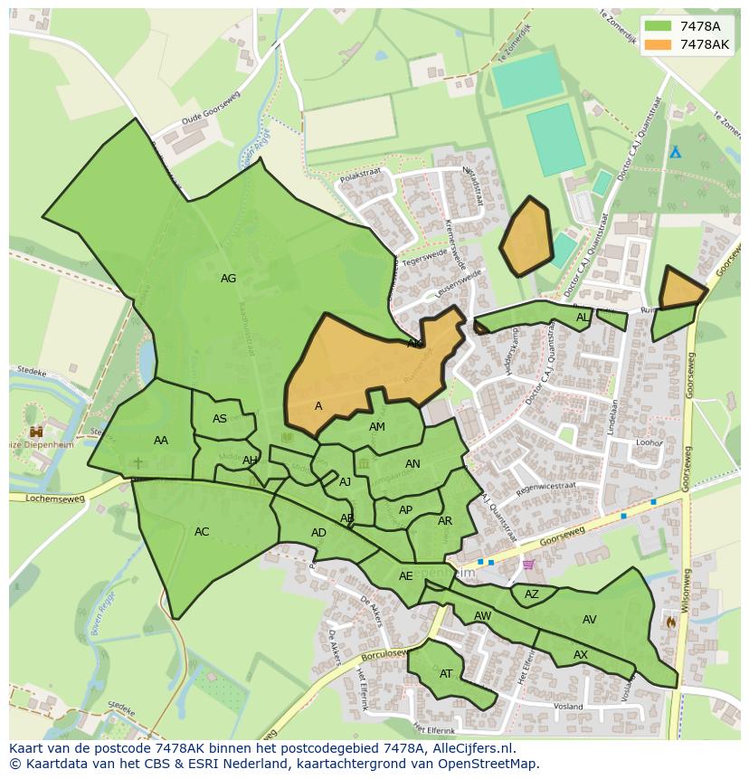 Afbeelding van het postcodegebied 7478 AK op de kaart.