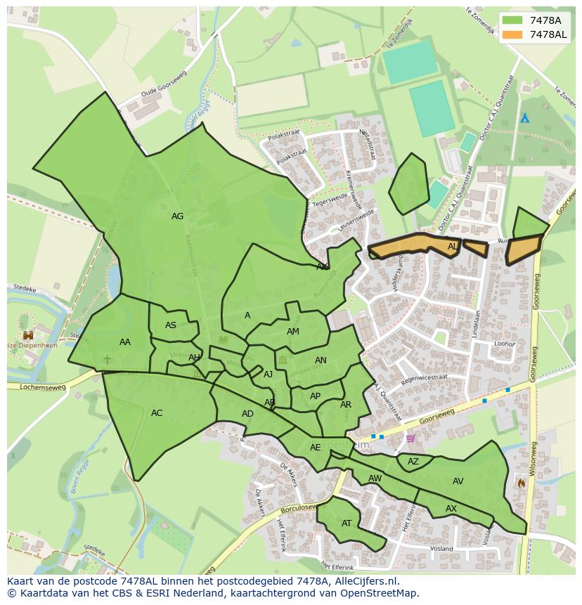 Afbeelding van het postcodegebied 7478 AL op de kaart.