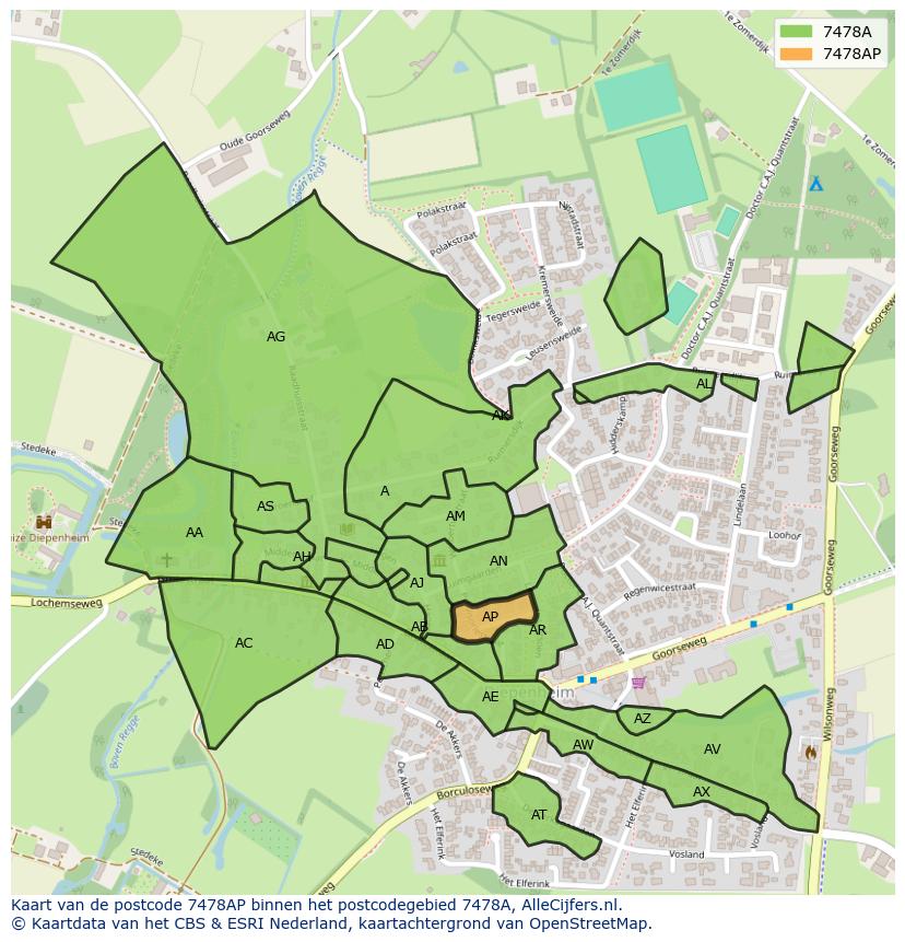 Afbeelding van het postcodegebied 7478 AP op de kaart.
