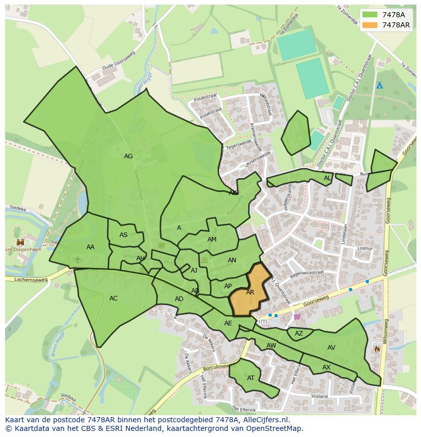 Afbeelding van het postcodegebied 7478 AR op de kaart.