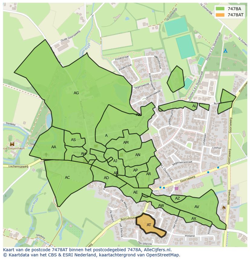 Afbeelding van het postcodegebied 7478 AT op de kaart.