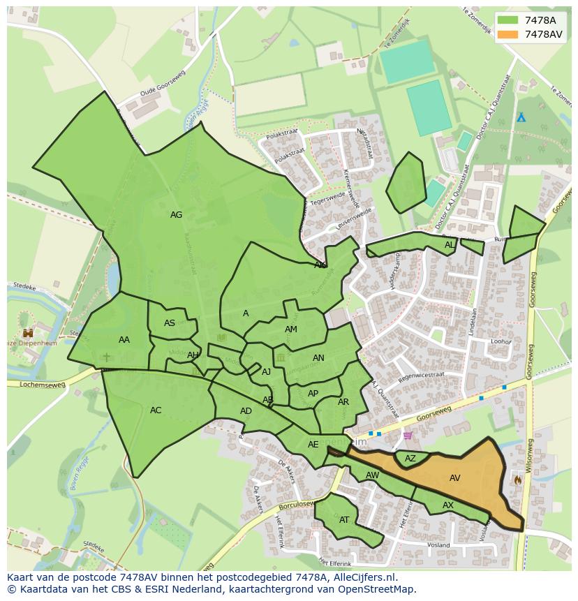 Afbeelding van het postcodegebied 7478 AV op de kaart.