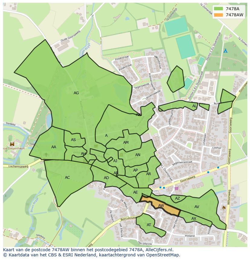 Afbeelding van het postcodegebied 7478 AW op de kaart.
