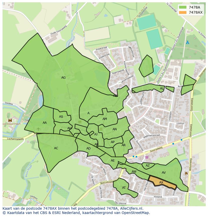 Afbeelding van het postcodegebied 7478 AX op de kaart.