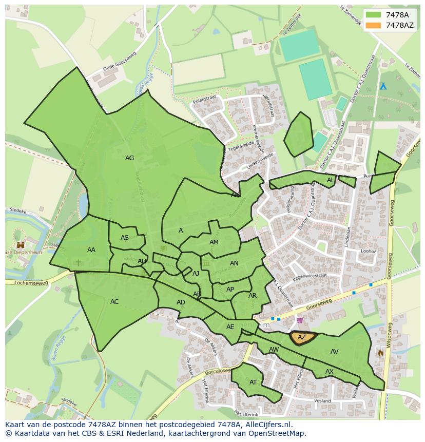 Afbeelding van het postcodegebied 7478 AZ op de kaart.