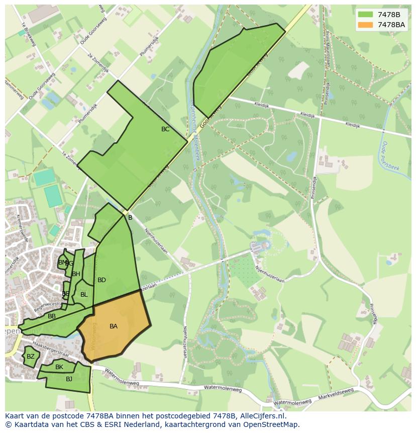 Afbeelding van het postcodegebied 7478 BA op de kaart.